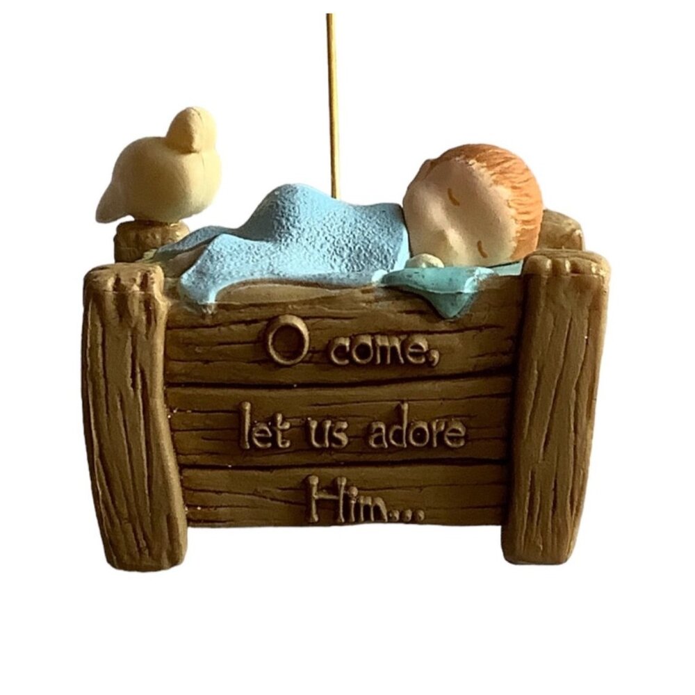 Vtg AGC Inc Baby Jesus Manger Nativity Ornament O Come Let Us‎ Adore Him Hook